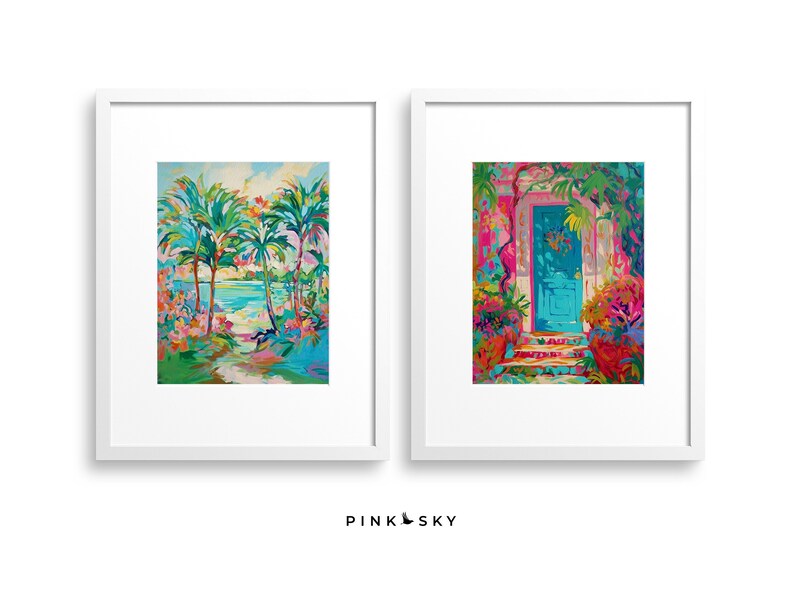 May include: Two framed paintings with a tropical theme. The first painting shows a path leading to a beach with palm trees on either side. The second painting shows a blue door with a pink and green floral design.