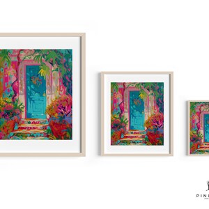 May include: A vibrant painting of a turquoise blue door with a wreath, surrounded by lush greenery and colorful flowers. The door is set against a pink wall and leads to a set of stone steps.