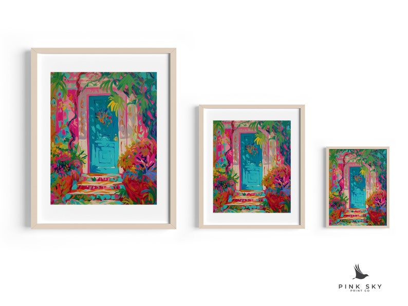 May include: A vibrant painting of a turquoise blue door with a wreath, surrounded by lush greenery and colorful flowers. The door is set against a pink wall and leads to a set of stone steps.