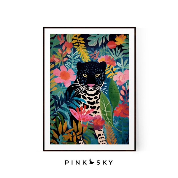 Black Cat Jaguar Printable, Jungle Animal Wall Art with Tropical Flowers, Colorful Art DOWNLOADABLE Print for Cat Lovers | 113T