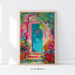 May include: A painting of a bright blue door with a wreath, surrounded by lush green foliage and vibrant pink and orange flowers. The door is set against a pink wall and leads to a set of steps.