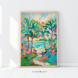 May include: A framed painting of a tropical scene with palm trees, lush greenery, and a blue ocean in the background. The painting is done in a vibrant, colorful style with shades of green, blue, pink, and yellow.