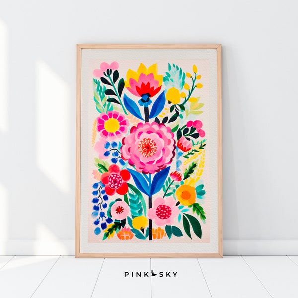 Flower Market Print, Matisse Flowers & Scandinavian Folk Art Inspired, Bright Colorful Downloadable Printable Artwork, Helsinki  | 131T