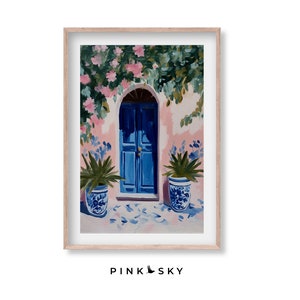 Santorini Art Print: Bougainvillea, Blue Door, Greek Island Villa (Downloadable)