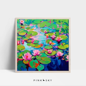 Pink Lotus Flower Lily Pad Print, Water Lilies Artwork, Blues Pinks Greens, Monet Inspired Artwork | DOWNLOADABLE Printable Wall Art |  134S