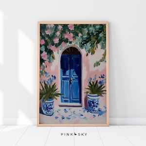 Mediterranean Blue Door Wall Art | Pink Villa Santorini Print | Greek Island Decor | Bougainvillea Digital Download | Travel Home Decor | 37