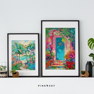 May include: Two framed paintings with colorful tropical scenes. The painting on the left shows palm trees and a beach. The painting on the right shows a blue door with a pink and green background.
