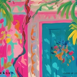 May include: A painting of a pink building with a teal door and a palm tree. The door has a colorful wreath on it. The text "CLOSE UP | ZOOM VIEW" is at the bottom of the image.