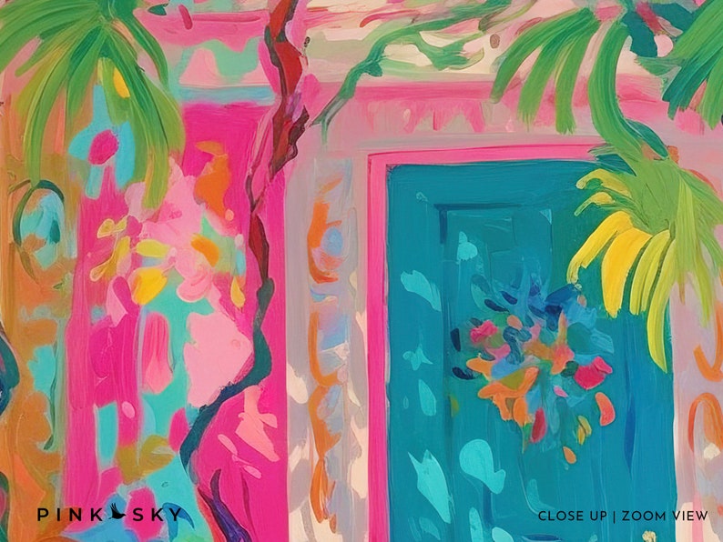 May include: A painting of a pink building with a teal door and a palm tree. The door has a colorful wreath on it. The text "CLOSE UP | ZOOM VIEW" is at the bottom of the image.