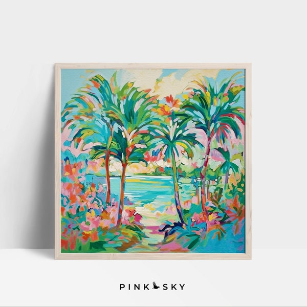 Blue Lagoon Palm Tree Wall Art with Tropical Flowers, Blue Green Ocean and Pink Sky, Preppy Summer Series #1 | 90S