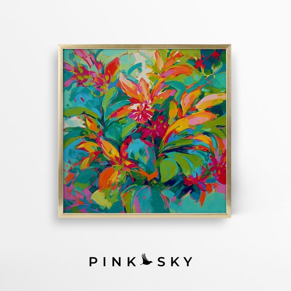 Hawaii Hibiscus and Bromeliad Abstract Floral Print in Bright Colors, Tropical Flower Confetti Series, Downloadable Art Print | 86S