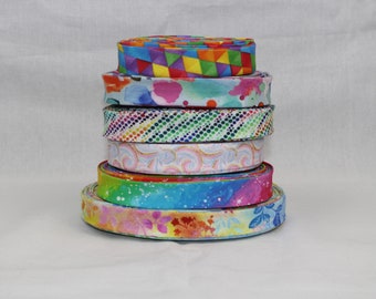 Bias Binding (Tape) 25mm, Cotton,  Single Fold. Fusible iron on available. watercolour, rainbow, colourful, swirls.