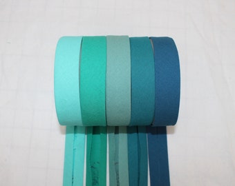 Bias Binding (tape) 25mm, single fold, Cambridge, teal, jade, air force blue, sea. Fusible iron on available. 100% Cotton.
