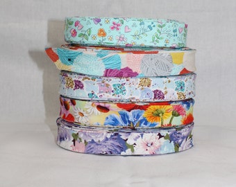 Bias Binding (Tape) 25mm, Cotton,  Single Fold. Fusible iron on available. Wool, mermaid scales, flowers, floral, colourful.