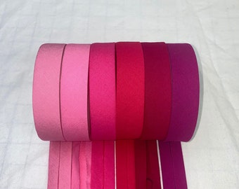 Bias Binding (tape) 25mm, single fold. candy, lipstick, sorbet pink, cerise, hot pink, bright rose. Fusible iron on available. 100% cotton