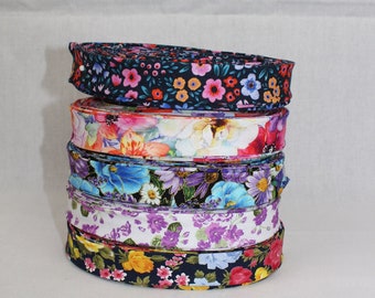 Bias Binding (Tape) 25mm, Cotton,  Single Fold, flowers, floral. Fusible iron on available.