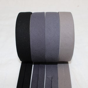 Bias Binding (tape) 25mm or 12mm, single fold, 100% Cotton. black, white, grey. Fusible iron on available.