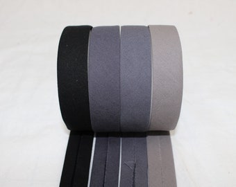 Bias Binding (tape) 25mm, single fold. pebble, charcoal, black, iron. Fusible iron on available. 100% Cotton