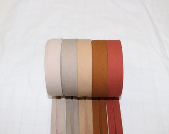 Bias Binding (tape) 25mm, single fold. Dune, lion, spice, chocolate, doeskin, cinnamon. Fusible iron on available., 100% Cotton