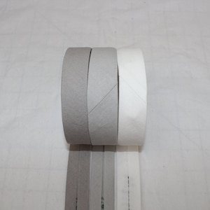 Bias Binding (tape) 25mm, single fold. neutral grey, white, light grey. Fusible iron on available. 100% Cotton