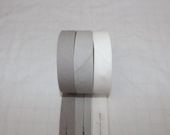 Bias Binding (tape) 25mm, single fold. neutral grey, white, light grey. Fusible iron on available. 100% Cotton