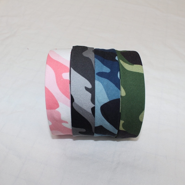 Bias Binding (Tape) 25mm, Cotton,  Single Fold. Fusible iron on available. Camouflage camo, blue, green, black, pink.