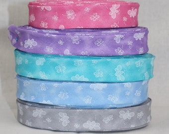 Bias Binding (Tape) 25mm, Cotton,  Single Fold, pink, purple, blue, grey bees. Fusible iron on available.