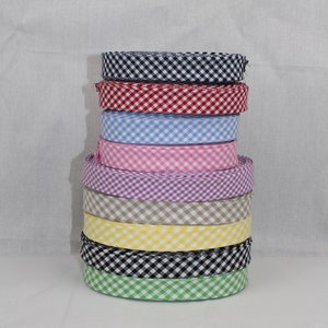 Bias Binding (tape) 25mm or 12mm single fold, yellow, blue, green, pink, black, purple, red, navy, brown GINGHAM. Fusible iron on available.