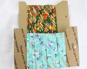 Bias Binding (Tape) 12mm, Cotton,  Single Fold, flowers, cassette, books. Fusible iron on available.