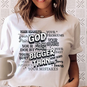 God is Bigger Than Design png, Retro Christian Sublimation Clipart, Bible Affirmations PNG, Black and White font, Jesus png, Commercial Use