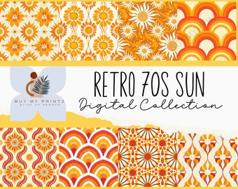 May include: A digital collection of six retro 70s sun themed patterns in orange, yellow, and white. The patterns feature geometric shapes, swirls, and sunbursts. The text "Retro 70s Sun Digital Collection" is displayed in the center of the image.