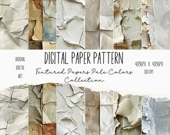 May include: A digital paper pattern collection featuring 12 textured papers in pale colors. The papers have a distressed, aged look with subtle variations in color and texture. The papers are perfect for scrapbooking, card making, and other craft projects.