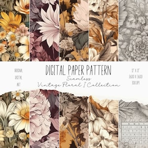 Vintage Floral Digital Paper Set, Vintage Flowers Pattern, Shabby Chic Digital Paper Pack, Vintage Roses Scrapbook, Junk Journal, 12 x 12