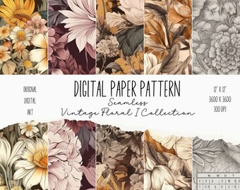 Vintage Floral Digital Paper Set, Vintage Flowers Pattern, Shabby Chic Digital Paper Pack, Vintage Roses Scrapbook, Junk Journal, 12 x 12