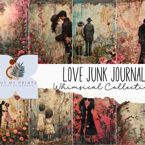 20 Whimsical Love Junk Journal Images, Mixed Media Couple Lover Painterly Florals, CU, PNGs, Printable Paper, Digital Download, Scrapbook