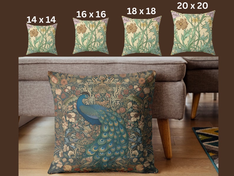 Peacock Throw Pillow, William Morris Inspired Design, Cottagecore