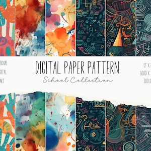 30 digitales Papierset für die Schule, Zurück zu Schulmustern, Kunst, Musik, Wissenschaft, Karte, Äpfel, Schulmusterhintergrund, digital nahtlos