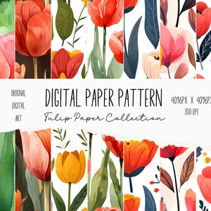 Ensemble de papier numérique sans couture tulipe, lot d'impressions florales téléchargeables, papier imprimable motif tulipe, arrière-plan, scrapbooking, journal indésirable