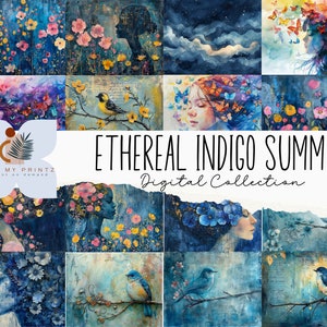 Indigo Ethereal Summer Digital Paper Pack, 11" x 8.5", Junk Journal Pages, Scrapbooking, Crafts, Instant Download, Printable Digital Kit, CU