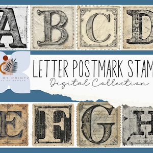 Paquete de sellos postales antiguos con alfabeto efímero, imágenes prediseñadas de diario basura imprimibles, kit de álbum de recortes digital, sellos de letras, CU, álbum de recortes, PNG