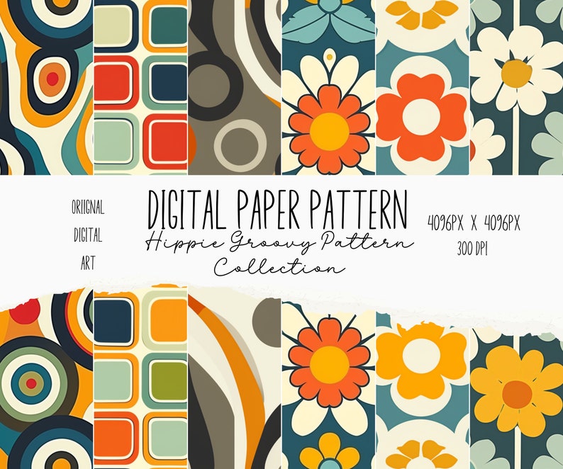 Retro Groovy Pattern Digital Paper Set, Retro 70s Hippie Pattern, 70s ...