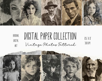 Zerfetzte Vintage Fotos, Alte Beschädigte Bilder, 30 Künstlerische Distressed Pics, 7 Hintergrundcollagen, Junk Journals, Scrapbook, Digital Art, CU