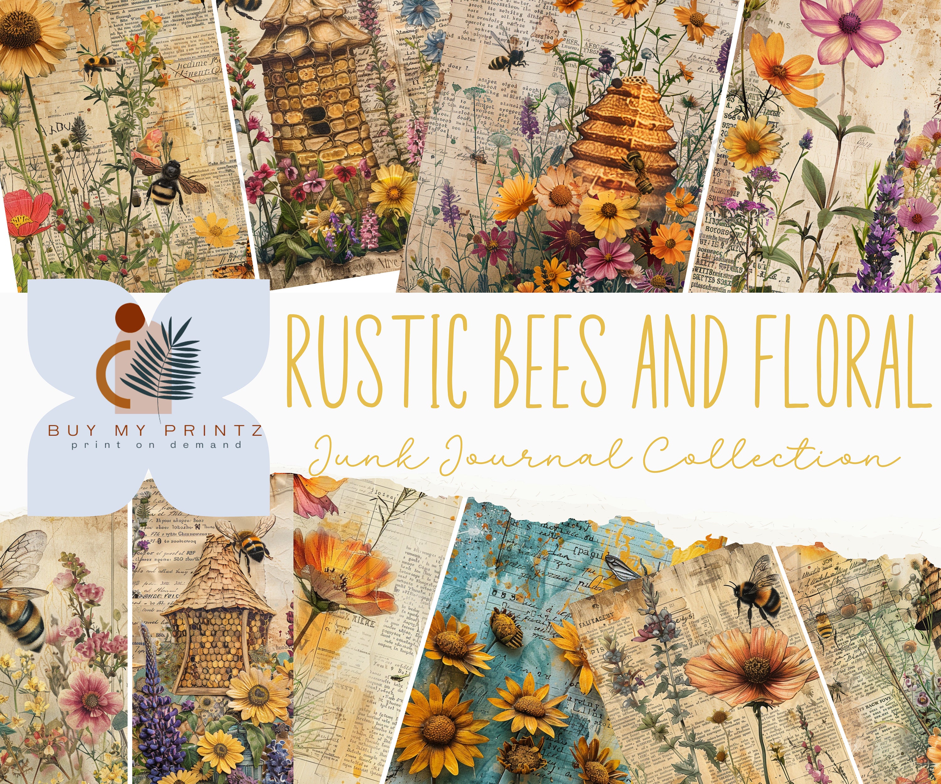Rustic Bees and Flowers Junk Journal Set, Digital Paper for ...