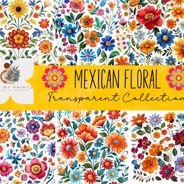 Mexican Flower Transparent Patterns, Fiesta Party Design, Watercolor Unique Otomi Floral, Cinco de Mayo Party Graphics, Commercial Use