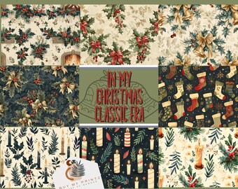 May include: A collection of Christmas-themed patterns featuring holly, berries, bows, bells, stockings, candles, and foliage. The text "IN MY CHRISTMAS CLASSIC ERA" is visible. The colour scheme is predominantly green, red, and gold, evoking a festive atmosphere.