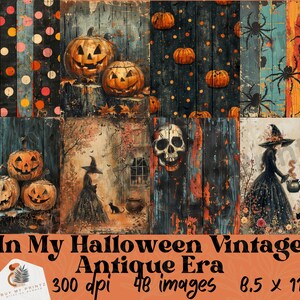 In My Halloween Spooky Vintage Antique Era Sheets, 48 Mixed Media Fall Junk Journal, PNG, Printable Paper, Digital Download Scrapbook, CU