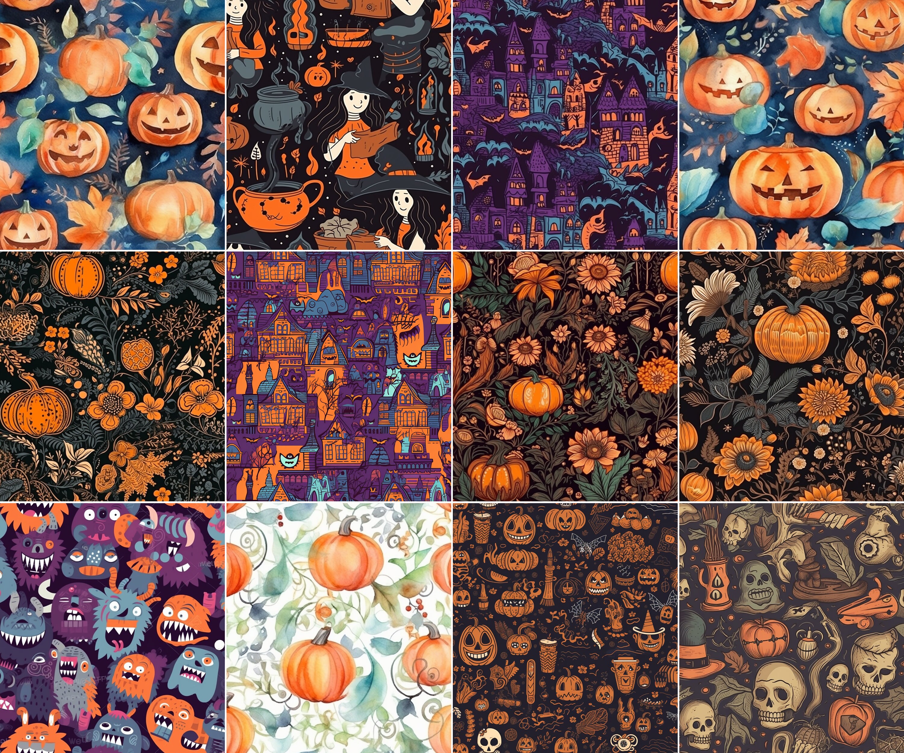 24 Halloween Seamless Digital Paper Set, Pumpkins Fall Pattern, Haunted ...