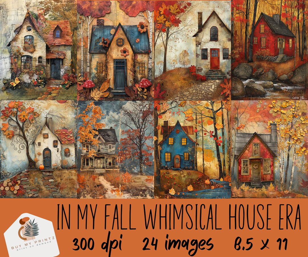 In My Fall Whimsical House Era Sheets, 24 Mixed Media Watercolor Home ...