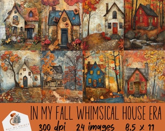 In My Fall Whimsical House Era Sheets, 24 Mixed Media Watercolor Home Junk Journal, PNGs, Printable Paper, Digital Download Scrapbook, CU