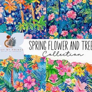 Preppy Inspired Floral & Trees Digital Paper, Seamless Flowers Pattern Printable Scrapbook Paper, Instant Download, Scrapbook, Journal, CU